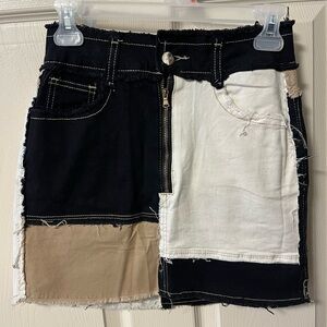 Patchwork Mini Skirt in Black, White, and Tan
